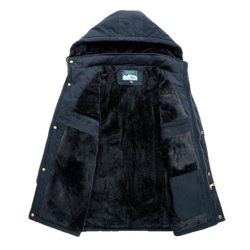 Férfi kapucnis bélelt kabát fleece-béléssel, poliészter töltettel, középhosszú, cipzáras, több zsebbel