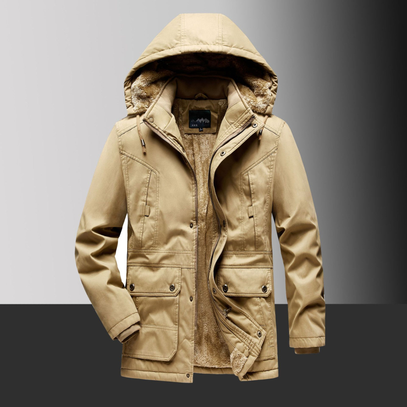 Férfi kapucnis bélelt kabát fleece-béléssel, poliészter töltettel, középhosszú, cipzáras, több zsebbel