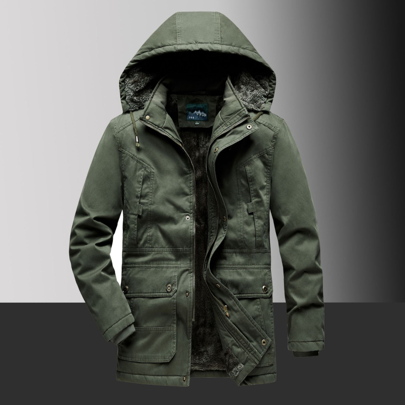 Férfi kapucnis bélelt kabát fleece-béléssel, poliészter töltettel, középhosszú, cipzáras, több zsebbel