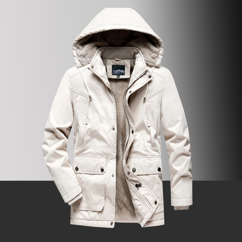 Férfi kapucnis bélelt kabát fleece-béléssel, poliészter töltettel, középhosszú, cipzáras, több zsebbel