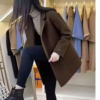 Dvivarė chenille vilnos striukė moterims su spandex mišiniu, priekinės kišenės, kostiumo apykaklė, 3/4 rankovės