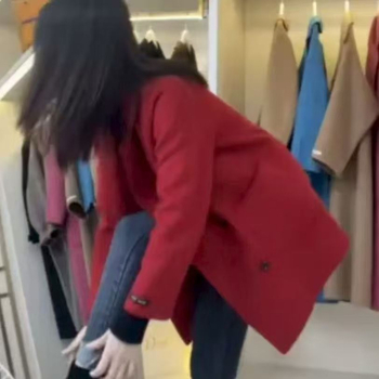 Dvivarė chenille vilnos striukė moterims su spandex mišiniu, priekinės kišenės, kostiumo apykaklė, 3/4 rankovės