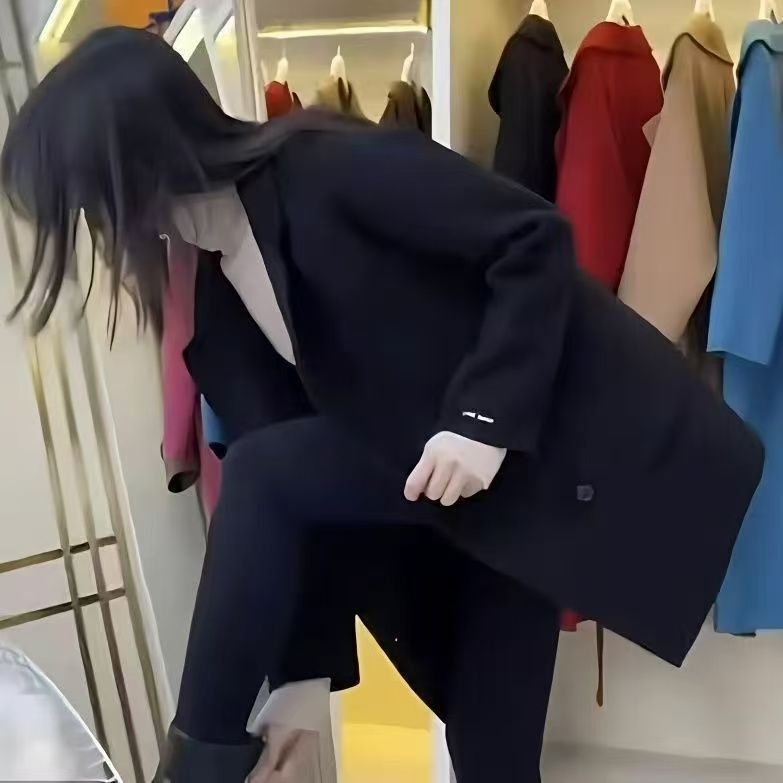 Dvivarė chenille vilnos striukė moterims su spandex mišiniu, priekinės kišenės, kostiumo apykaklė, 3/4 rankovės