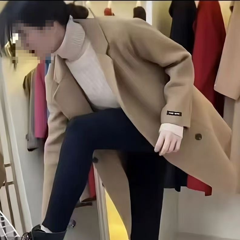 Dvivarė chenille vilnos striukė moterims su spandex mišiniu, priekinės kišenės, kostiumo apykaklė, 3/4 rankovės