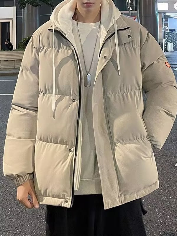 Férfi vastag pamutkabát, koreai stílusú kardigán, laza szabású, cipzár elöl, kapucni, poliészter töltet