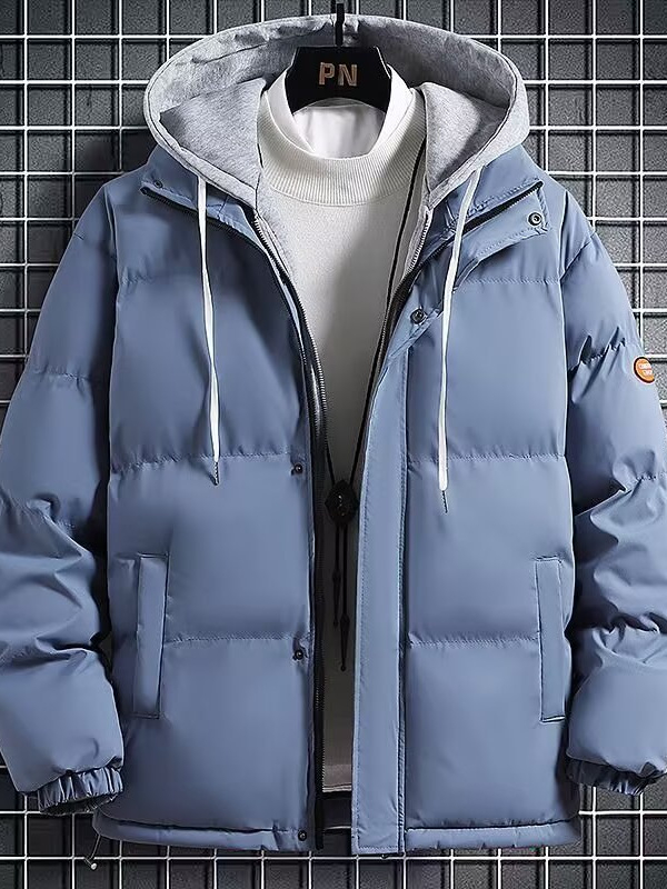 Férfi vastag pamutkabát, koreai stílusú kardigán, laza szabású, cipzár elöl, kapucni, poliészter töltet