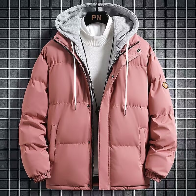 Férfi vastag pamutkabát, koreai stílusú kardigán, laza szabású, cipzár elöl, kapucni, poliészter töltet