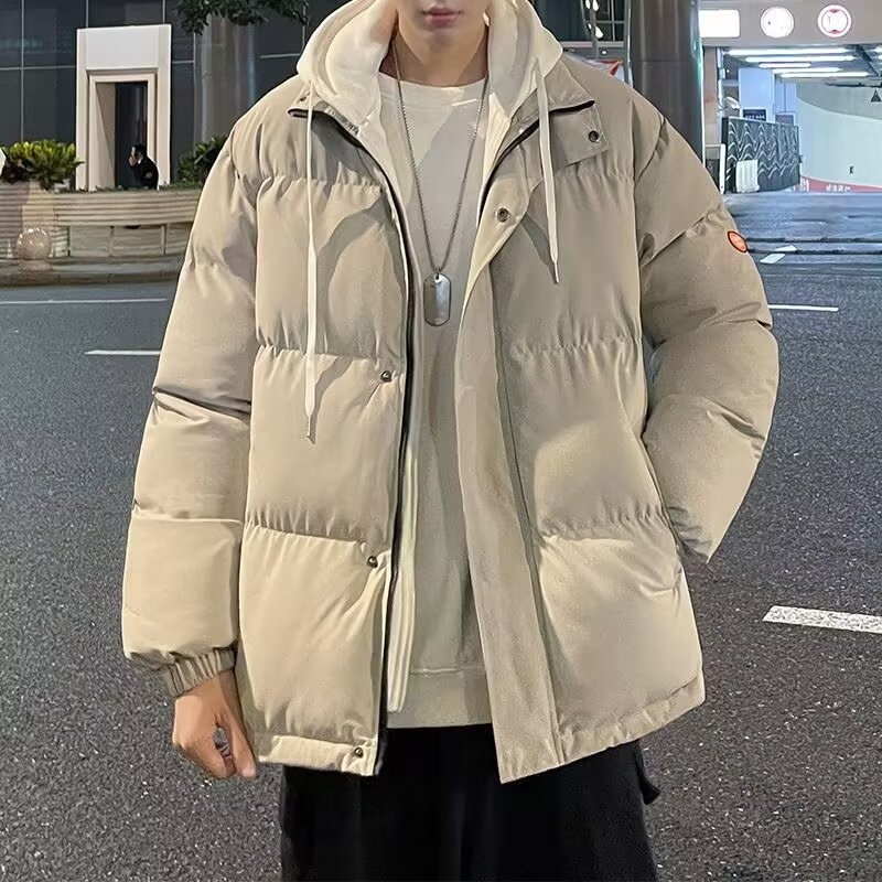 Férfi vastag pamutkabát, koreai stílusú kardigán, laza szabású, cipzár elöl, kapucni, poliészter töltet