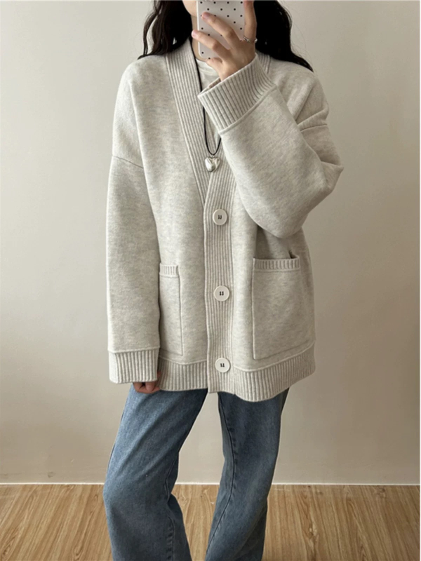 Cardigan-stil džemper, akrilna smjesa, V-izrez, dugi rukavi, udoban kroj