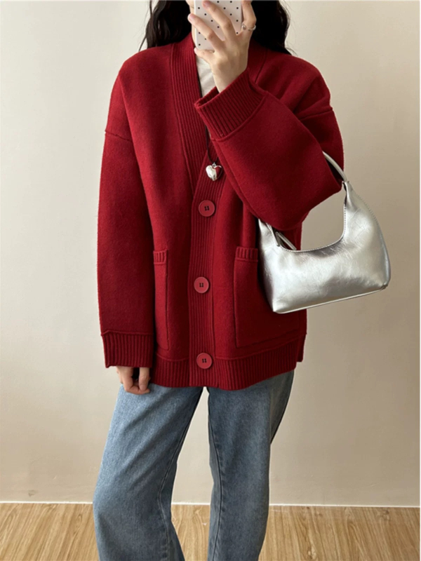 Cardigan-stil džemper, akrilna smjesa, V-izrez, dugi rukavi, udoban kroj