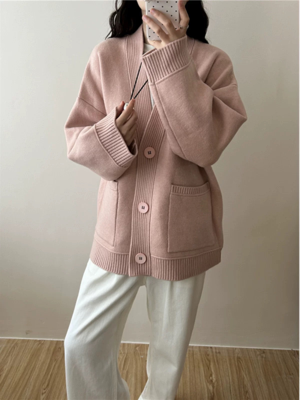 Cardigan-stil džemper, akrilna smjesa, V-izrez, dugi rukavi, udoban kroj
