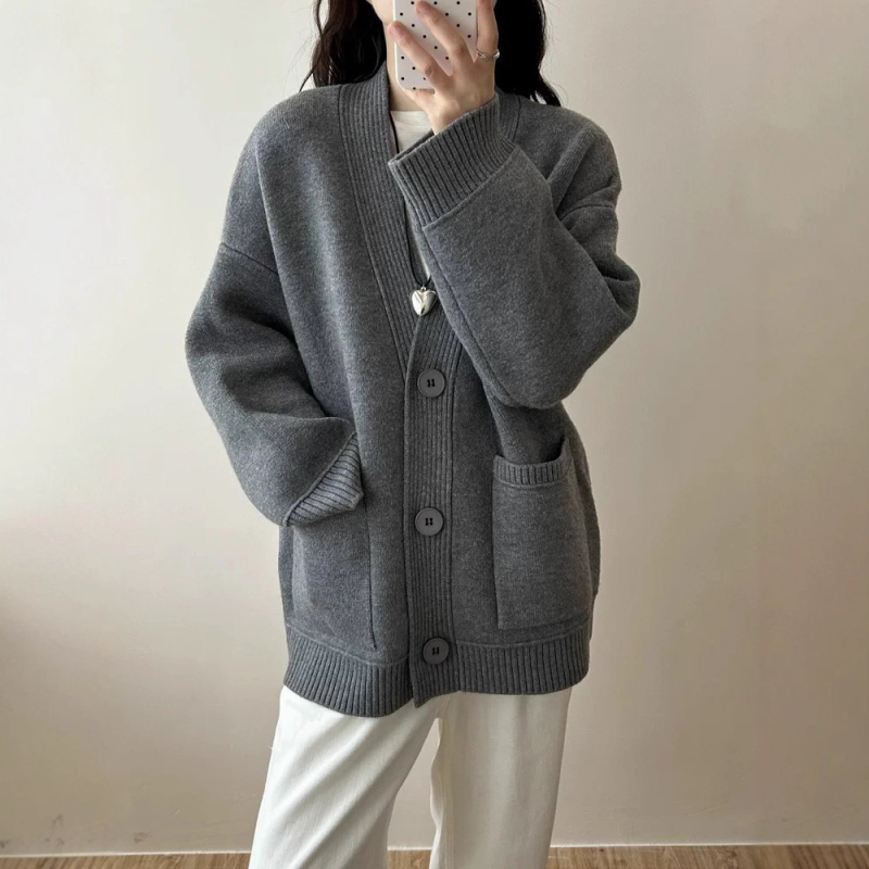 Cardigan-stil džemper, akrilna smjesa, V-izrez, dugi rukavi, udoban kroj