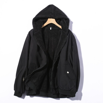 Moteriškas reversinis paltas su fliso pamušalu, gobtuvu, laisvas kirpimas, trumpas ilgis, užtrauktukas su kišomis