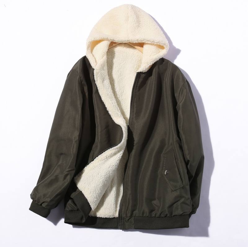 Moteriškas reversinis paltas su fliso pamušalu, gobtuvu, laisvas kirpimas, trumpas ilgis, užtrauktukas su kišomis