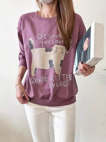 Ženski hoodie s kapuljačom, print mačke keksa, udoban široki kroj, bombon boje, 2025