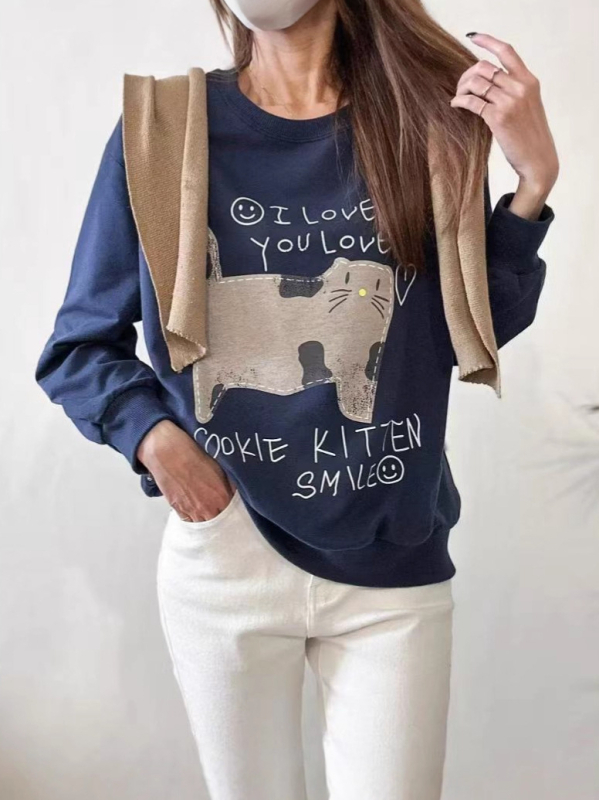 Ženski hoodie s kapuljačom, print mačke keksa, udoban široki kroj, bombon boje, 2025