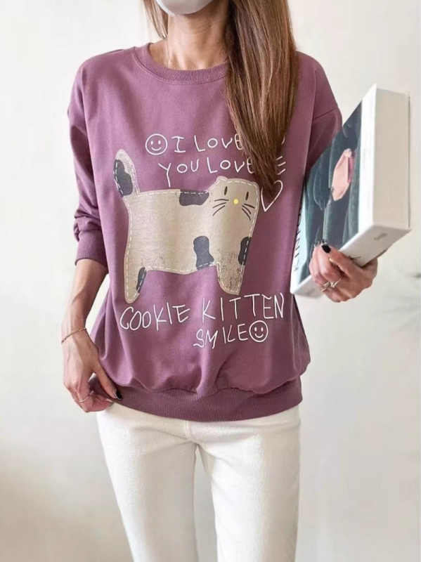 Ženski hoodie s kapuljačom, print mačke keksa, udoban široki kroj, bombon boje, 2025