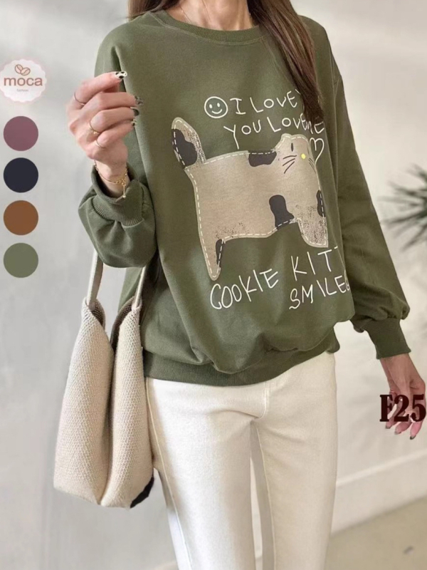 Ženski hoodie s kapuljačom, print mačke keksa, udoban široki kroj, bombon boje, 2025