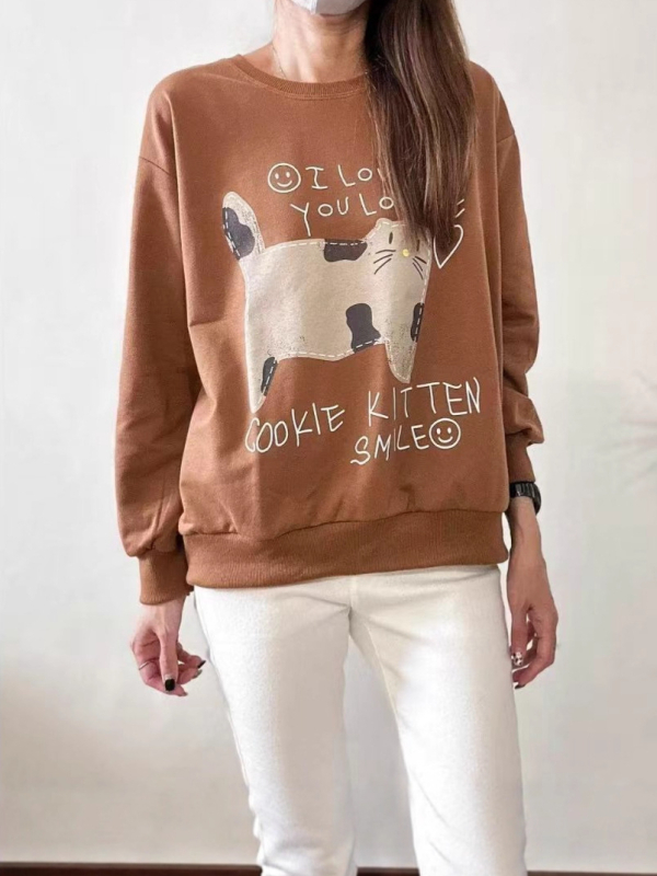 Ženski hoodie s kapuljačom, print mačke keksa, udoban široki kroj, bombon boje, 2025