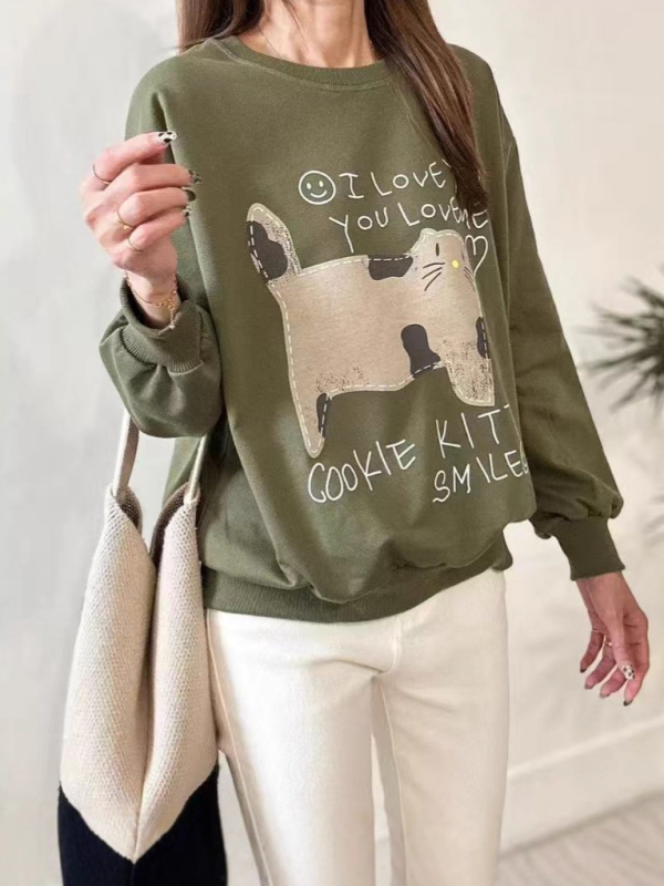 Ženski hoodie s kapuljačom, print mačke keksa, udoban široki kroj, bombon boje, 2025