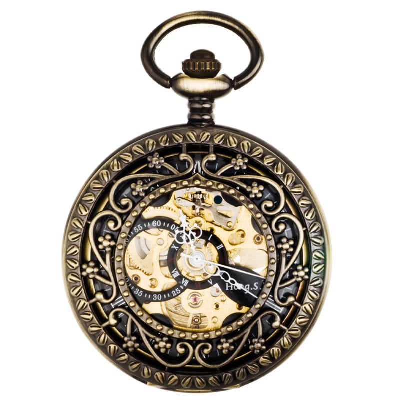 Hongshida mehāniskā kabatas pulkstenis ar atveramu vāciņu, cinka sakausējuma korpuss, plastmasas spogulis, izgravēts dobais ciparnīca, retro stils