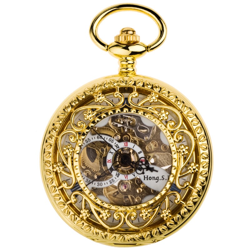 Hongshida mehāniskā kabatas pulkstenis ar atveramu vāciņu, cinka sakausējuma korpuss, plastmasas spogulis, izgravēts dobais ciparnīca, retro stils