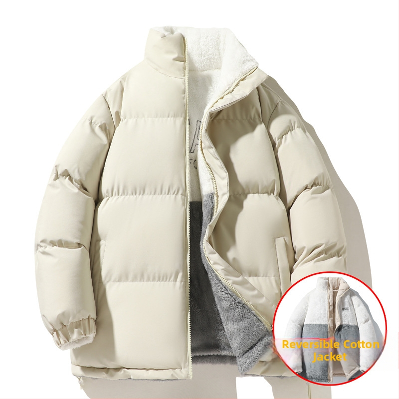 Férfi téli reverszibil pamutkabát fleece bélés, vastag és meleg, cipzáras zárás, állkarral, 100% poliészter külső és bélés, 250 g töltet
