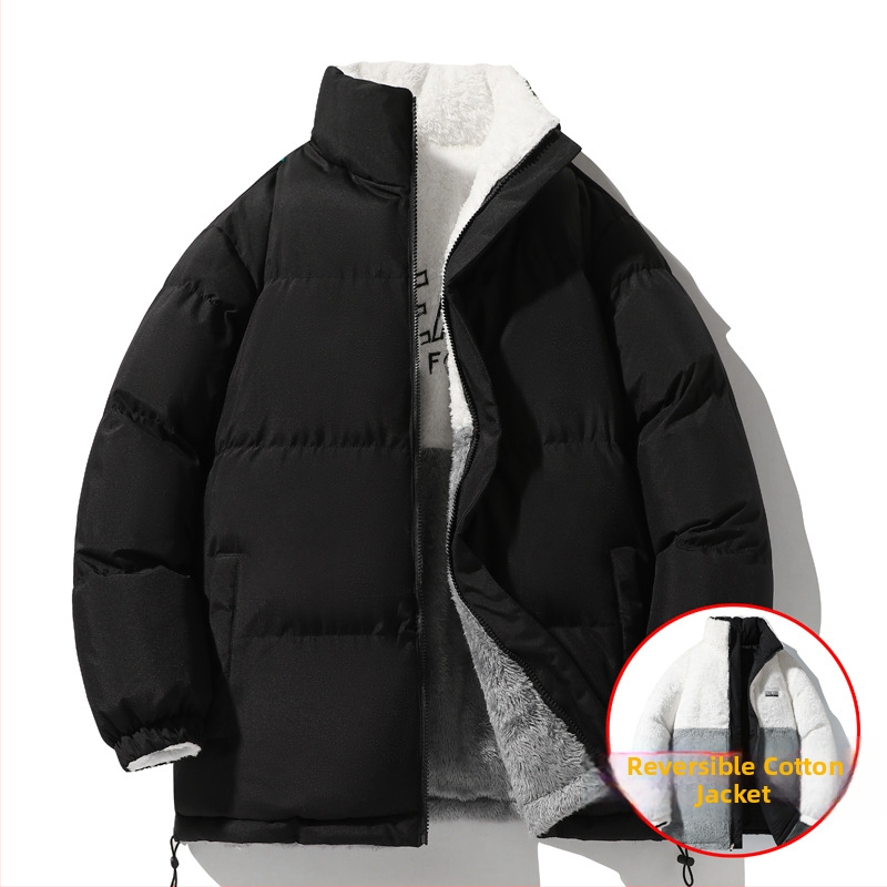 Férfi téli reverszibil pamutkabát fleece bélés, vastag és meleg, cipzáras zárás, állkarral, 100% poliészter külső és bélés, 250 g töltet