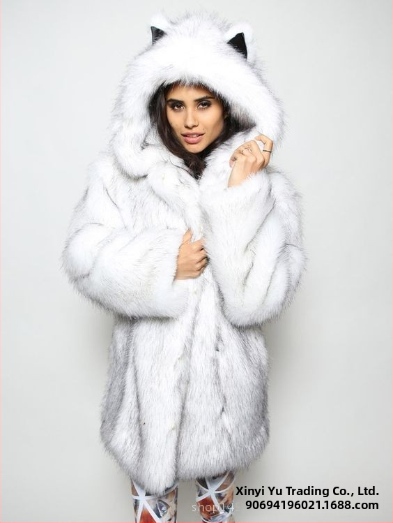 Ženski kaput s kapuljačom od umjetnog krzna, srednja duljina 65-80 cm, bez pojasa, gradski stil