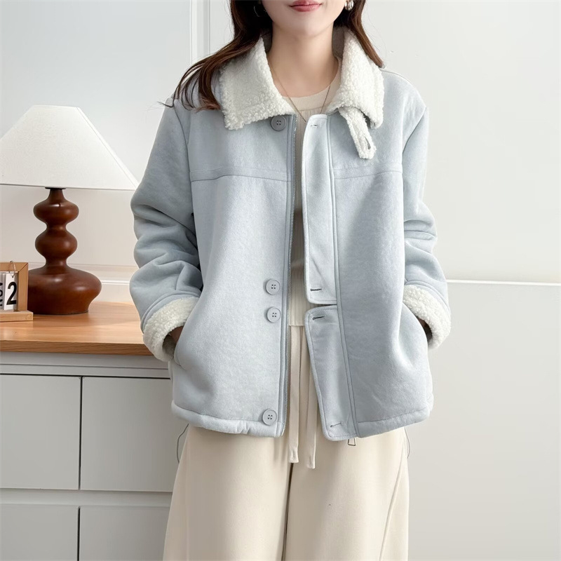 Moteriška suede striukė su polo apykakle, ilgos rankovės, ruduo 2025