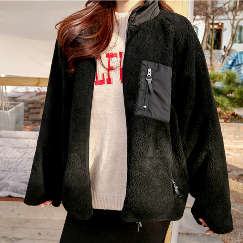 Dviejų pusių moteriška striukė su užtrauktuku ir aukštu kaklu, akrilo audinys 95%+, gatvės stilius, ilgomis rankovėmis