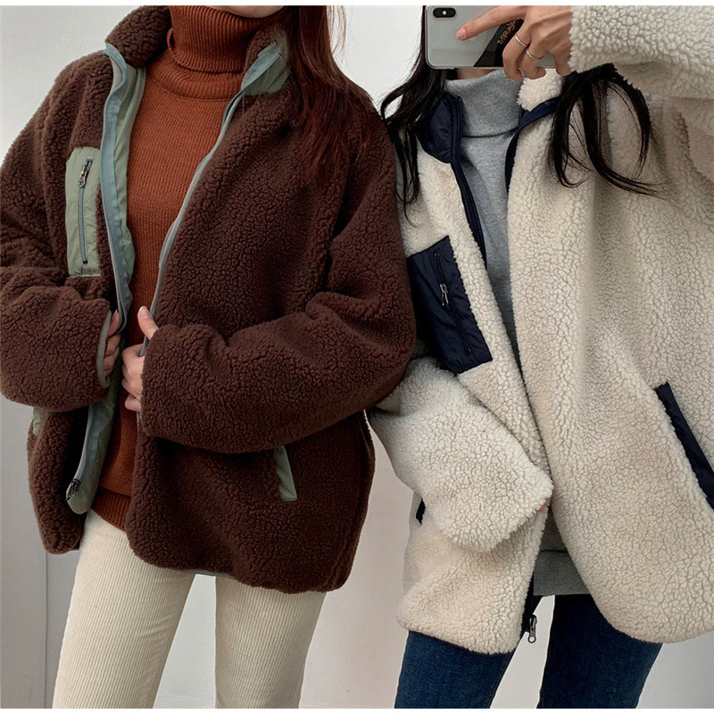 Dviejų pusių moteriška striukė su užtrauktuku ir aukštu kaklu, akrilo audinys 95%+, gatvės stilius, ilgomis rankovėmis