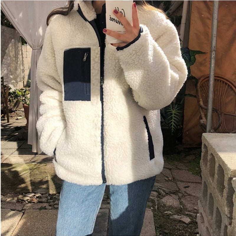 Dviejų pusių moteriška striukė su užtrauktuku ir aukštu kaklu, akrilo audinys 95%+, gatvės stilius, ilgomis rankovėmis