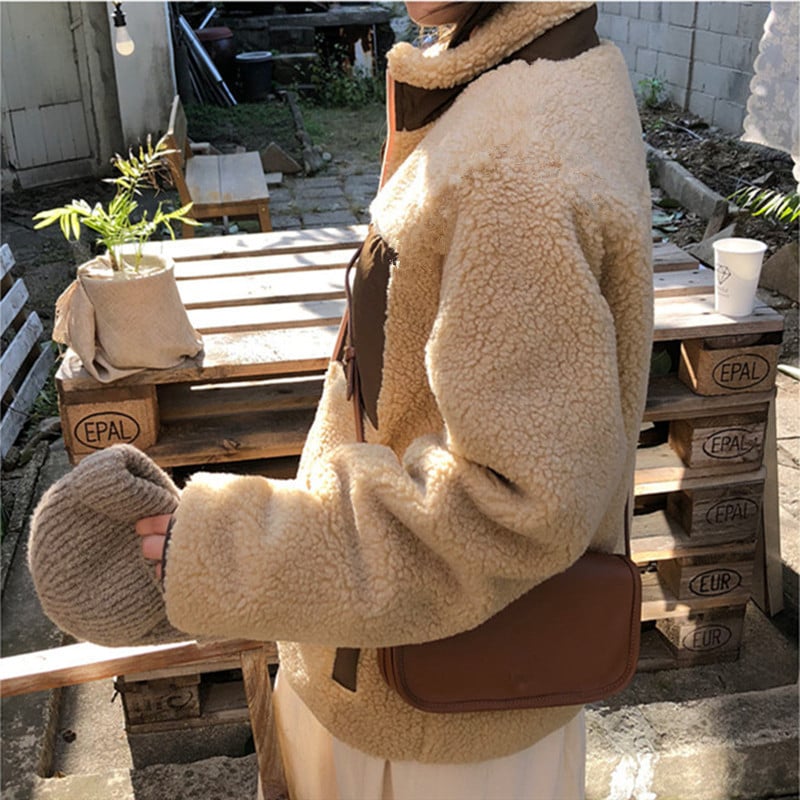 Dviejų pusių moteriška striukė su užtrauktuku ir aukštu kaklu, akrilo audinys 95%+, gatvės stilius, ilgomis rankovėmis