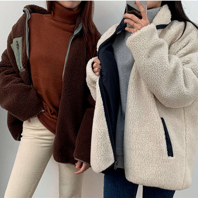 Dviejų pusių moteriška striukė su užtrauktuku ir aukštu kaklu, akrilo audinys 95%+, gatvės stilius, ilgomis rankovėmis