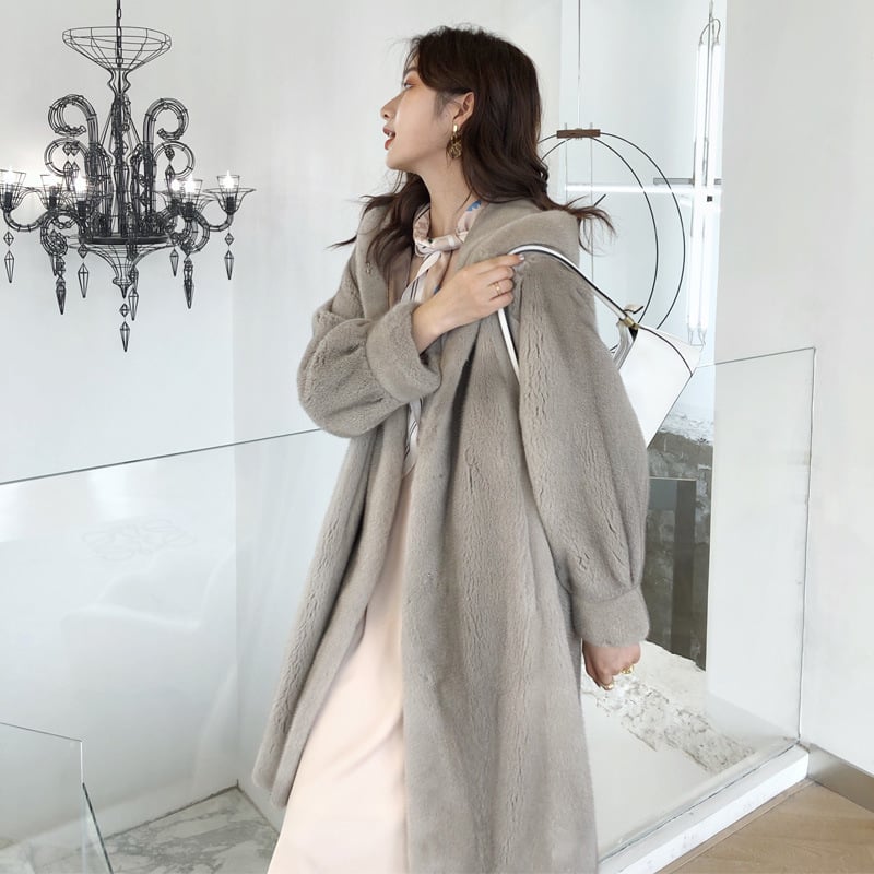 Палто – корейски стил, качулка, изкуствена норкова козина, дълго палто, зимно