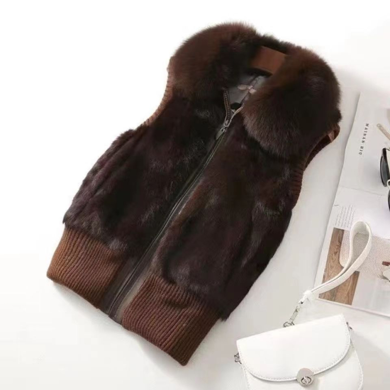 Ženska jakna-vest od kuniće dlake s ovratnikom od lisje dlake, kratka bez rukava, kvadratni izrez, gradski stil, Jesen 2022