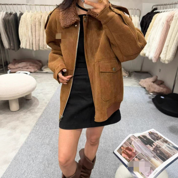 Ženska jakna za motocikl s kragnom od krzna, srednje duljine, dugi rukavi, od vune