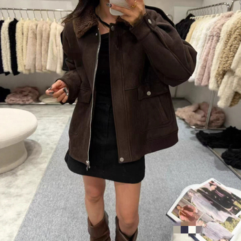 Ženska jakna za motocikl s kragnom od krzna, srednje duljine, dugi rukavi, od vune