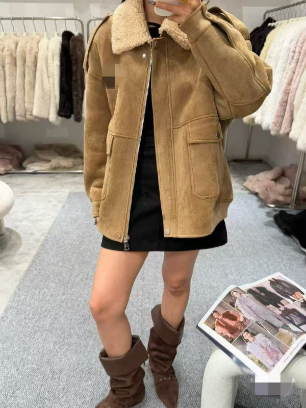 Ženska jakna za motocikl s kragnom od krzna, srednje duljine, dugi rukavi, od vune