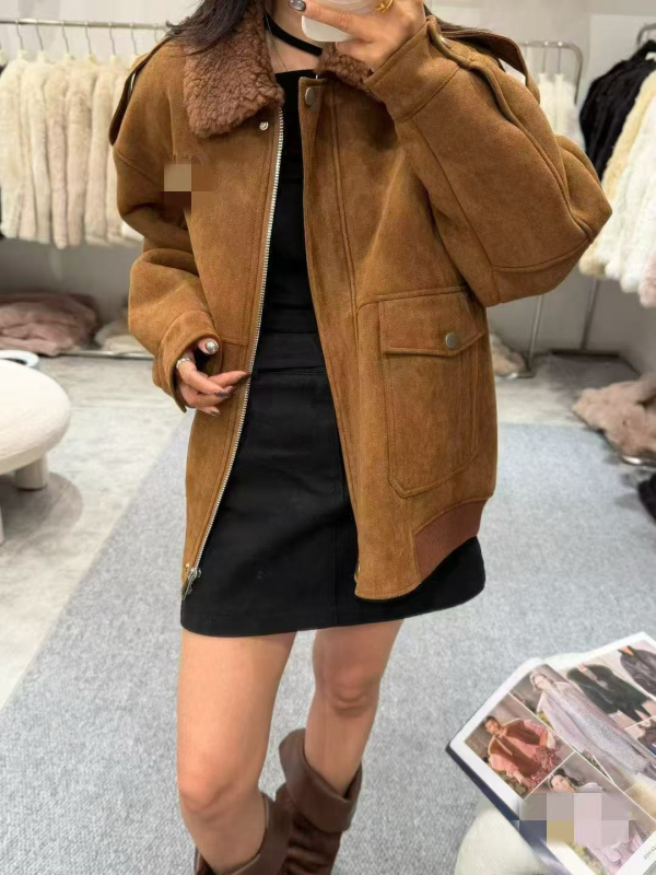 Ženska jakna za motocikl s kragnom od krzna, srednje duljine, dugi rukavi, od vune