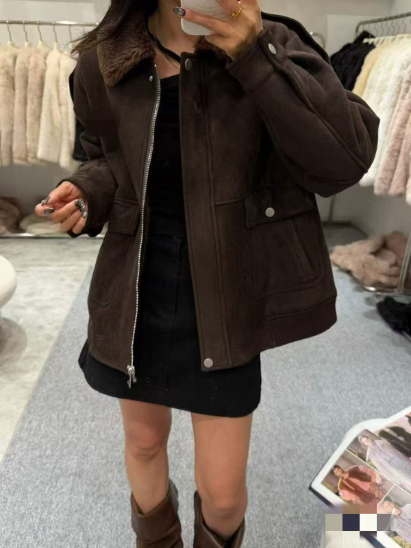 Ženska jakna za motocikl s kragnom od krzna, srednje duljine, dugi rukavi, od vune