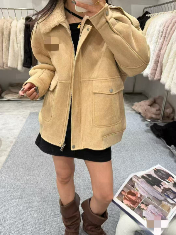 Ženska jakna za motocikl s kragnom od krzna, srednje duljine, dugi rukavi, od vune