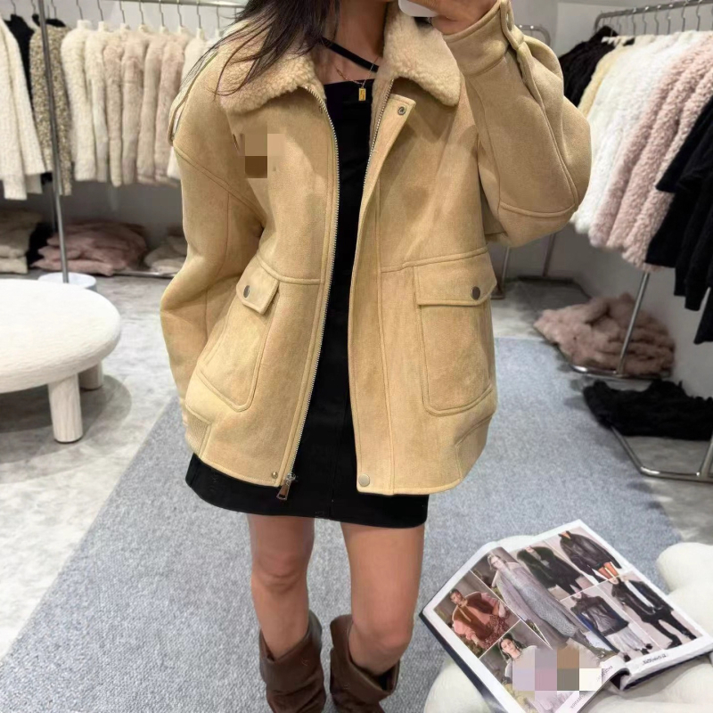 Ženska jakna za motocikl s kragnom od krzna, srednje duljine, dugi rukavi, od vune