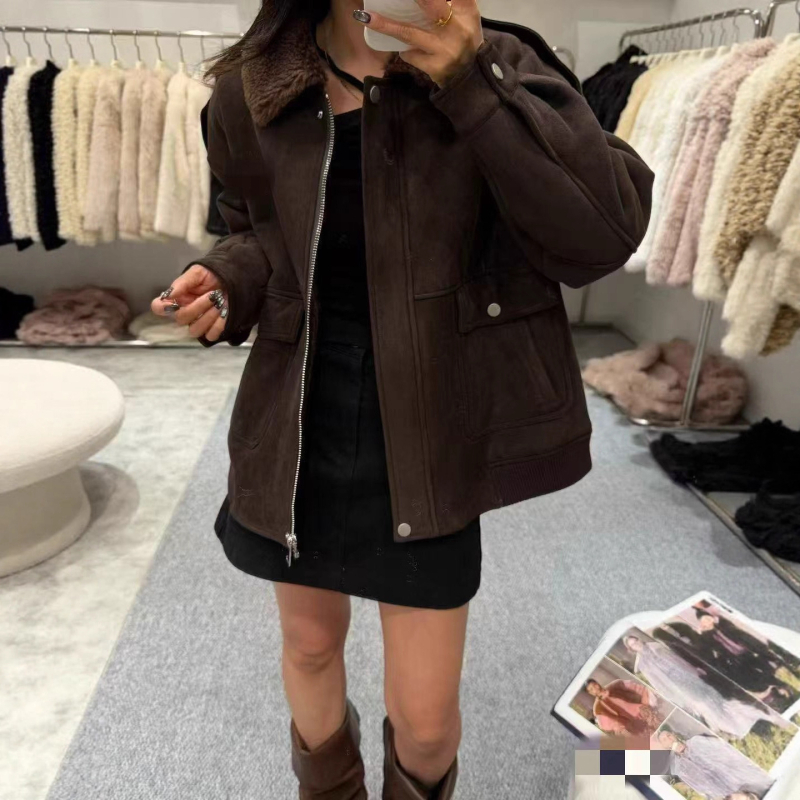 Ženska jakna za motocikl s kragnom od krzna, srednje duljine, dugi rukavi, od vune