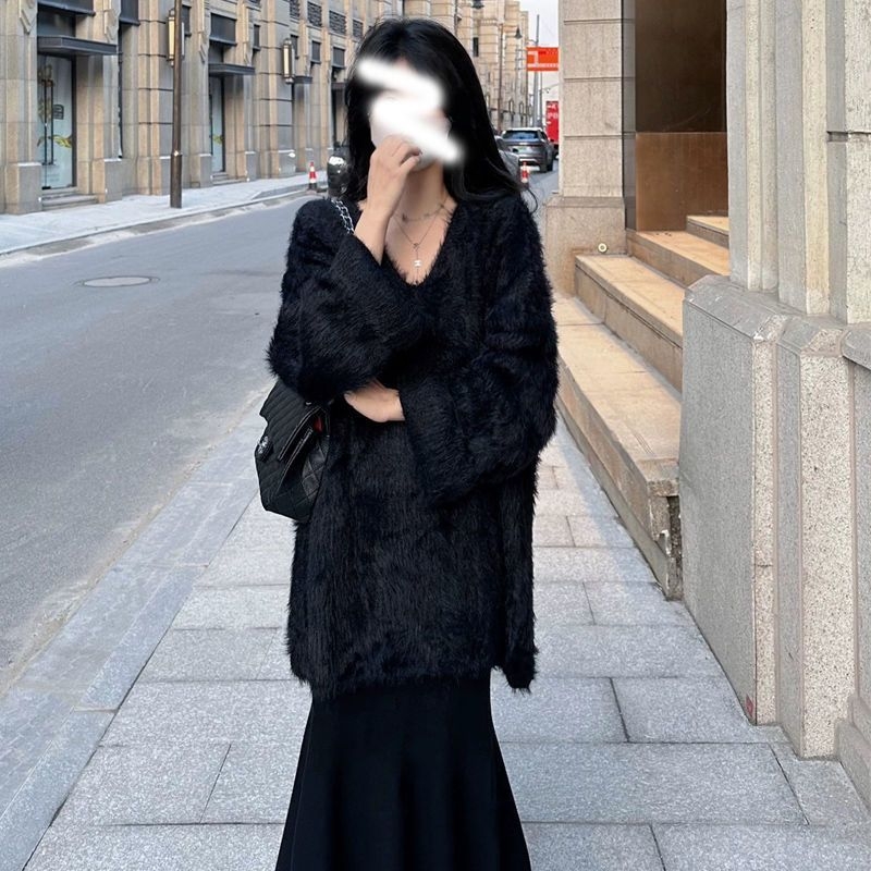 Plus veličine pleteni džemper za jesen-zimu, debeli i topao, širokog kroja, srednje dužine, imitacija mink baršuna