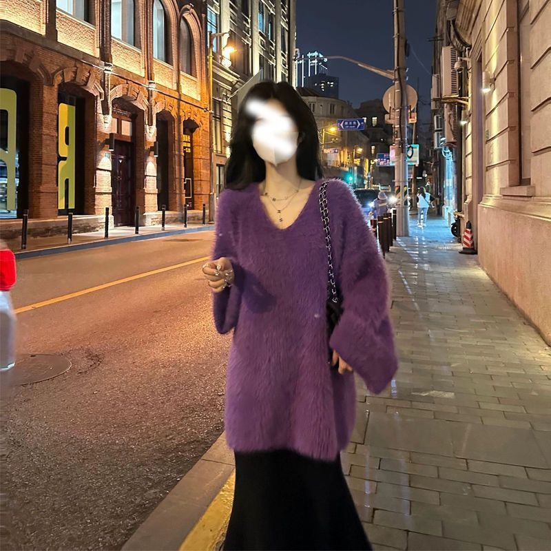 Plus veličine pleteni džemper za jesen-zimu, debeli i topao, širokog kroja, srednje dužine, imitacija mink baršuna