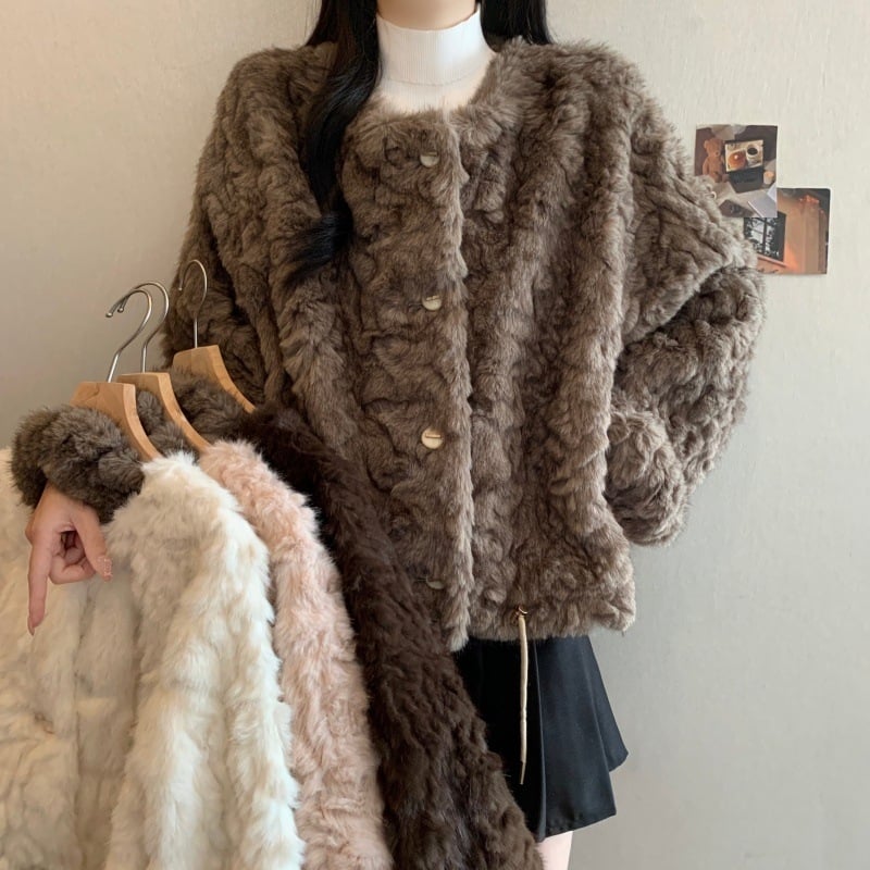 Пухкав кардиган-жакет, есен 2025, корейски стил, свободен силует, полиестер