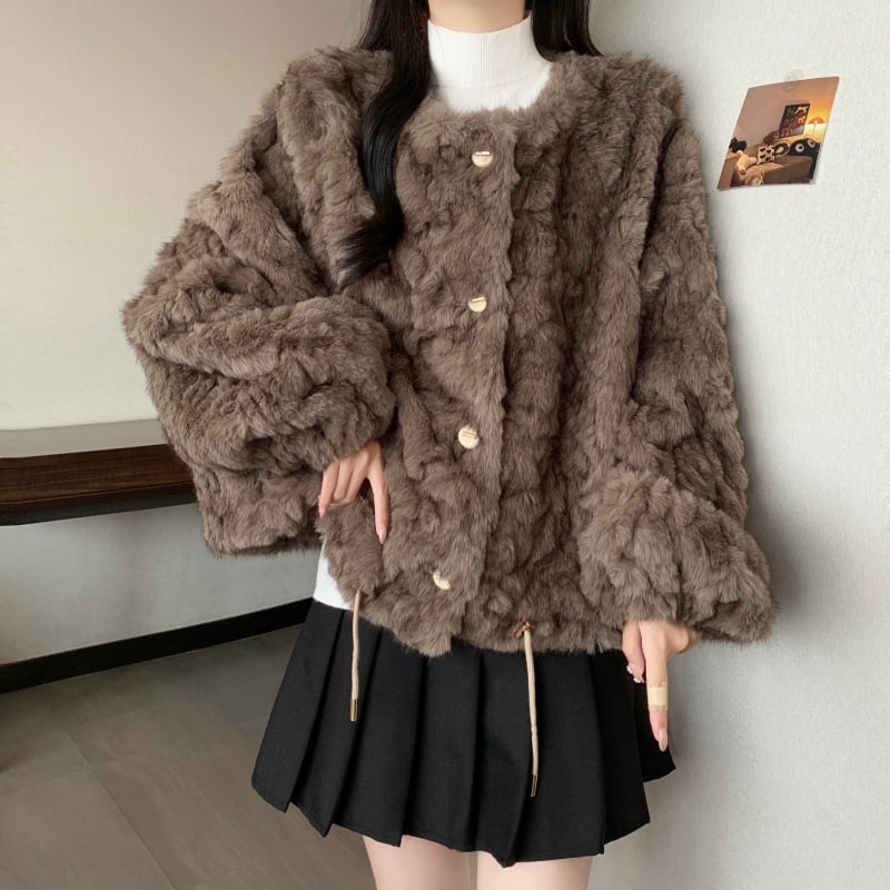Пухкав кардиган-жакет, есен 2025, корейски стил, свободен силует, полиестер