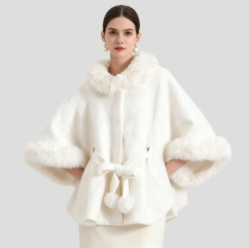 Pelerină cu curea și guler din blană sintetică de nurcă, guler înalt, stil cardigan, poliester